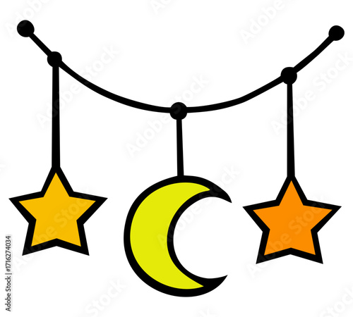 Hanging garland crescent moon and stars decoration. Editable color vector