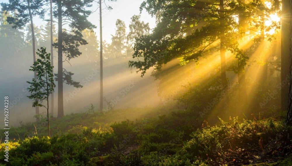 Fototapeta premium Golden Rays Through the Forest: Sunbeams pierce through the misty canopy of a vibrant forest, casting a warm glow and highlighting the tranquility of nature's embrace.