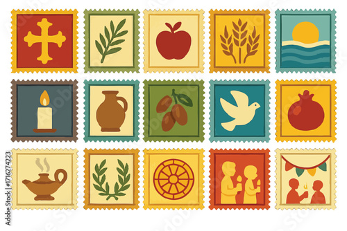 Religious Symbol Stamps Cross Dove Apple Olive Candle Icons
