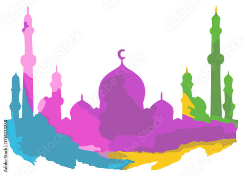 Ramadan kareem mosque silhouette watercolor brush texture element. Editable color vector