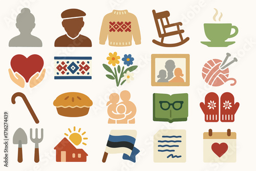 Estonia Grandparents Icon Set with Family, Traditions, and Cozy Symbols