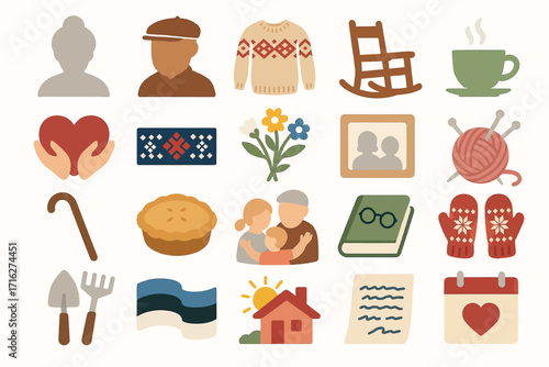 Estonia Grandparents Icon Set with Family, Traditions, and Cozy Symbols