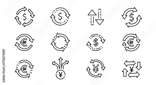 Collection of hand-drawn currency exchange icons with circular arrows and up down arrows symbolizing financial transactions vector