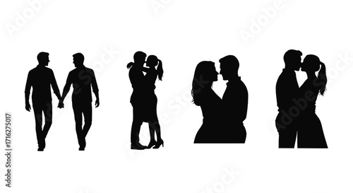 Romantic couple silhouettes in various poses expressing love and affection together vector