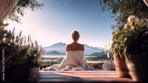 Wallpaper Mural Woman meditating at spa retreat with mountain view. Peaceful wellness moment on outdoor terrace wrapped in blanket. Mindfulness and relaxation in natural sanctuary setting during sunrise. Torontodigital.ca