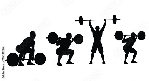 Weightlifter silhouettes demonstrating deadlift squat clean and jerk powerlifting strength training vector