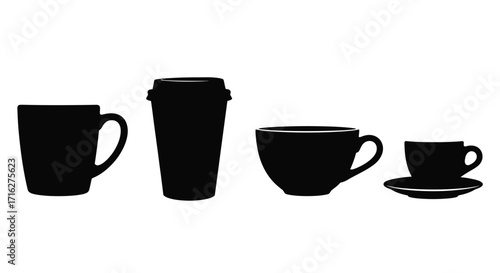Collection of four silhouette black coffee cups and mugs for beverage service vector