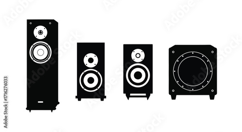Four black speaker cabinets of varying sizes arranged in a row for audio equipment concepts vector