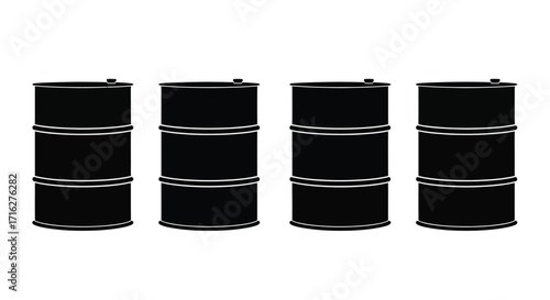 Four black metal barrels stacked high industrial storage containers ready for transportation vector