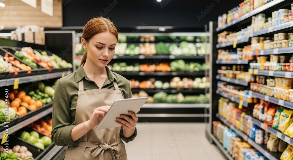 Fototapeta premium Retail worker checks inventory on a tablet in grocery store aisle