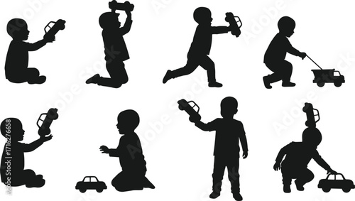 Silhouette child playing with toy car, toddler activity, kids imagination, fun playtime, childhood learning, family concept, creative motor skills