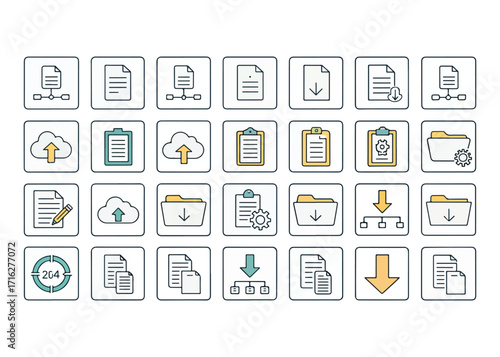 Collection of Modern Document and File Management Icons for Website and Application Design portraying organized data and efficient workflows