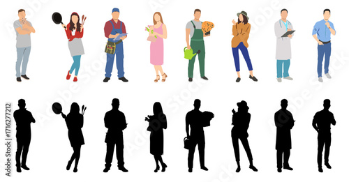 Collection of men and women people workers of various different occupations or profession wearing professional uniform set vector illustration silhouette.