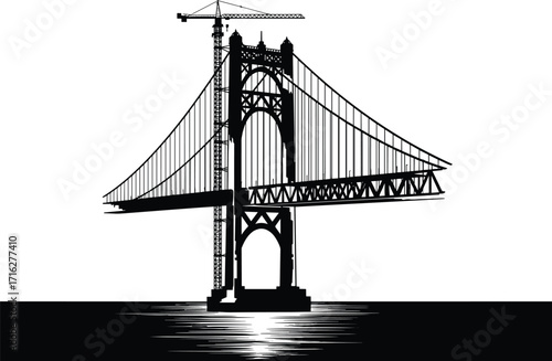 silhouette, suspension, bridge, tower, cable, crane, water, gap, deck, construction, site, vector, black, icon, design, architecture, project, industrial, engineering, infrastructure