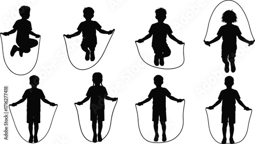 Silhouette children jumping rope, kids exercise, outdoor play, fitness activity, sport training, healthy lifestyle, fun movement