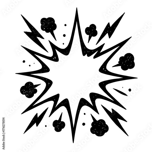 Dynamic hand-drawn comic book explosion burst graphic with jagged lines, lightning bolts, and smoke puffs, ideal for impactful announcements, sales promotions, or powerful designs.