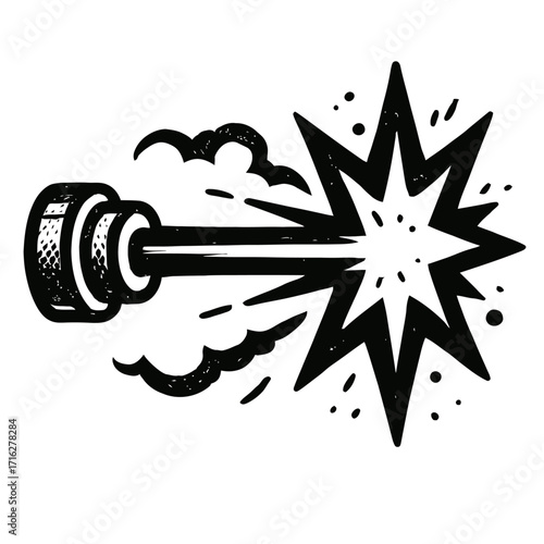 Dynamic black and white vector illustration of a powerful laser beam firing from a futuristic device, creating an intense, star-shaped explosion or energy burst with smoke effects.