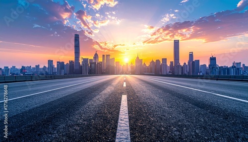 Panoramic city skyline and buildings with empty asphalt road at sunset