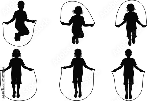 Silhouette children skipping rope, kids fitness exercise, outdoor activity, healthy lifestyle, sport training, fun physical play
