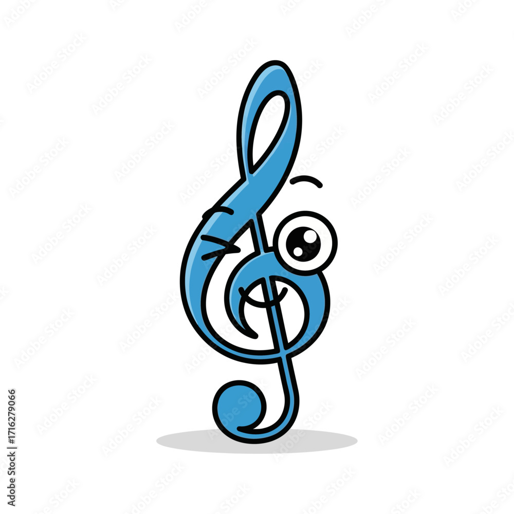 Fototapeta premium Cute blue treble clef character with big eye isolated on white background is smiling happily