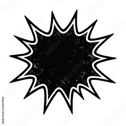 Dynamic black starburst graphic with sharp, spiky edges and a prominent white outline. Features a distressed grunge texture, perfect for comic exclamations, sales banners, urgent a