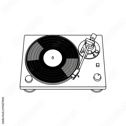 Top view of vinyl record player isolated on white background, musical instrument for playing music