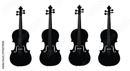 Four classic string violins arranged in a row silhouetted for musical harmony vector