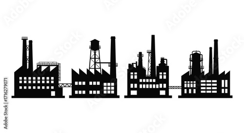 Industrial factory silhouettes diverse manufacturing plants establishing shots for industry and production themes vector