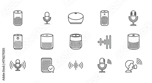 Hand drawn icons set smart speaker voice assistant microphone sound waves technology gadgets vector