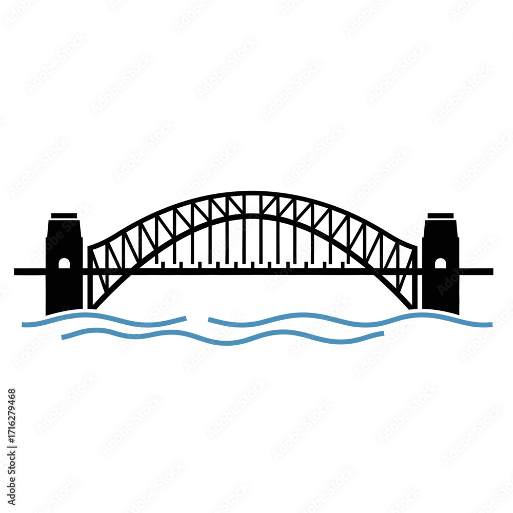 Fototapeta premium Illustration of the sydney harbor bridge isolated on white background with blue water below