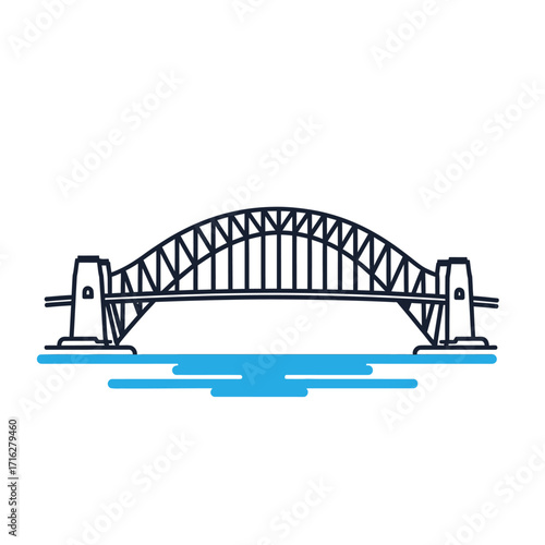 Illustration of the sydney harbor bridge isolated on white background with blue water below