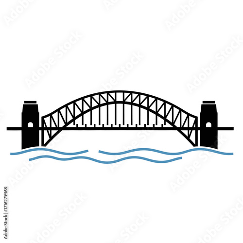 Illustration of the sydney harbor bridge isolated on white background with blue water below