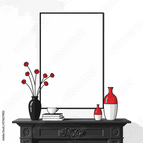 Minimalist vase and red flowers on black mantel, modern decor concept