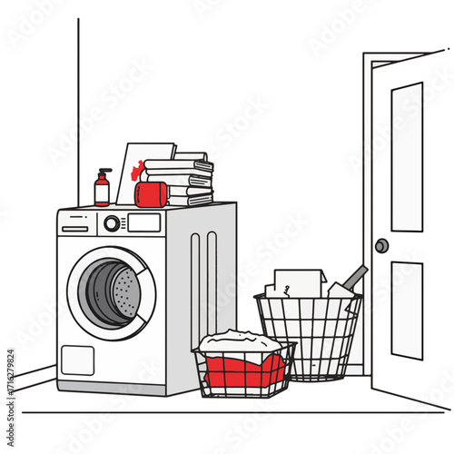 Minimalist laundry room with washing powder box and red accents, simplicity