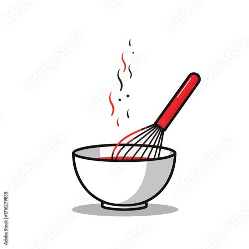 Red whisk mixing in white bowl on minimalist background, culinary art