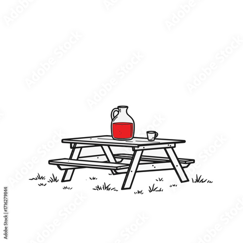 Minimalist black and white water jug on picnic table with red accent, simplicity