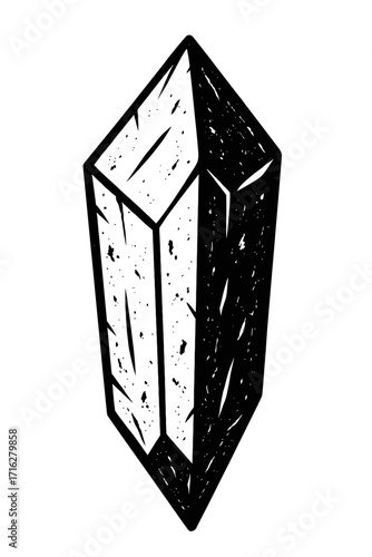 Striking hand-drawn black and white crystal illustration, featuring a raw, faceted gemstone with a unique textured grunge aesthetic, ideal for mystical, spiritual, natural, or magi