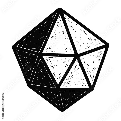 Hand-drawn black and white D20 icosahedron die with stippled texture, perfect for RPG, Dungeons & Dragons, fantasy gaming, and tabletop adventures. A unique, grunge-style geometric