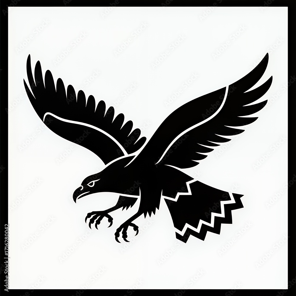 Obraz premium A striking black silhouette of an eagle in flight, showcasing strong wings and claws.