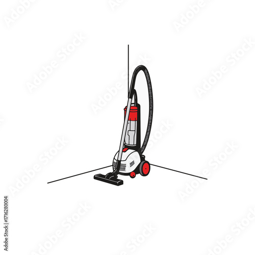 Minimalist vacuum cleaner in black and white with red accent, cleanliness