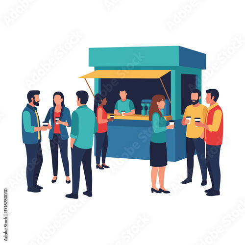 Vibrant street food stall scene with diverse customers enjoying beverages and interacting at a bustling outdoor kiosk