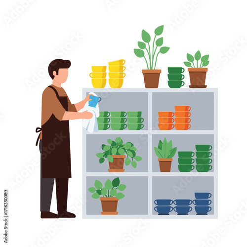 Man arranging cups and plants on shelves in a shop