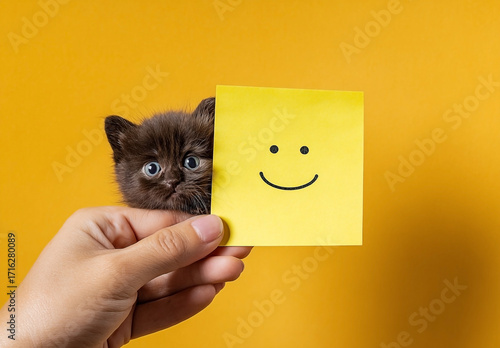 A hand holds a yellow sticky note with a smiley face, partially obscuring a small, dark brown kitten