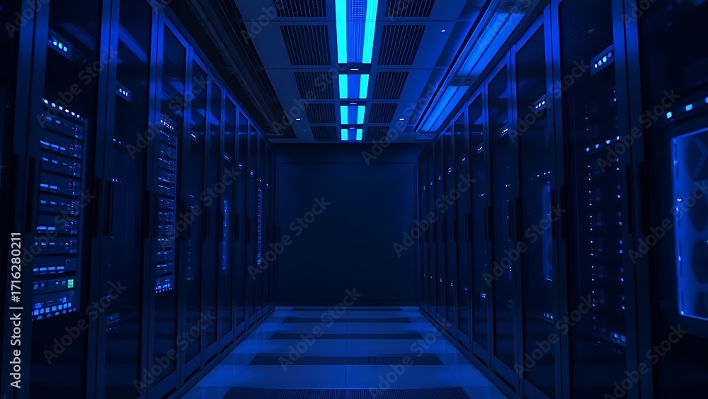 Fototapeta premium Futuristic server room corridor illuminated by blue LED lights, creating geometric light trails.