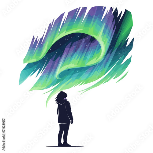 A person standing and looking at the aurora borealis isolated on white background vector art
