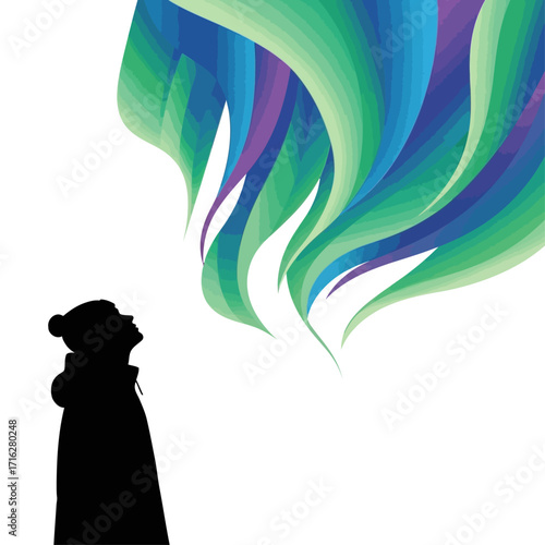 Silhouette of a woman looking at the aurora borealis isolated on white background