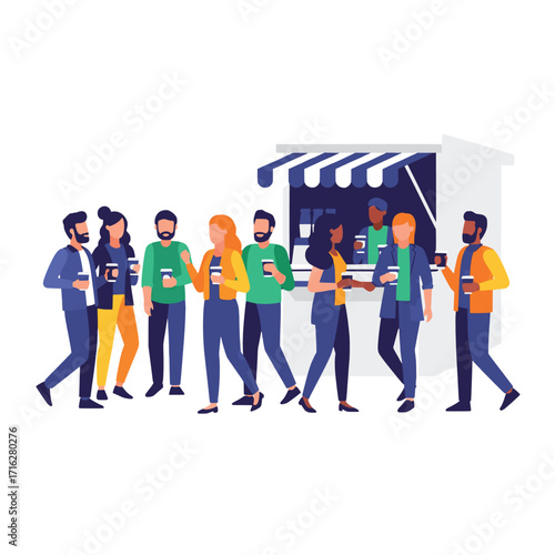 Diverse group of young people enjoying a social coffee break, queuing at an outdoor cafe stall. Vector illustration of a community gathering concept