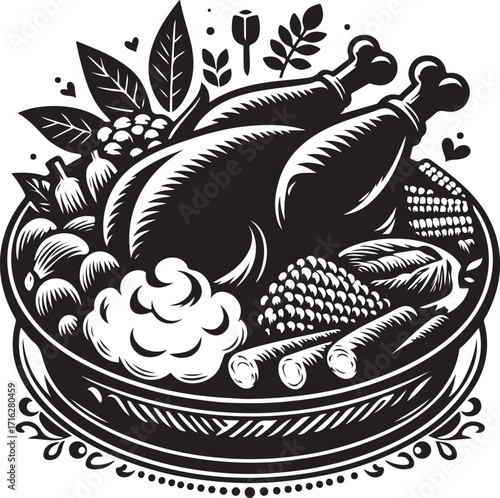 silhouette black and white Thanksgiving dinner plate with roasted turkey leg , mashed potatoes, vegetables