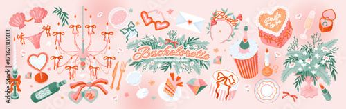 Bachelorette party. Cute vector illustration of bride decor, chandelier with bows, champagne, cake, envelope, glasses, headband, flowers, swimsuit for invitation, greeting card, icons, print, stickers