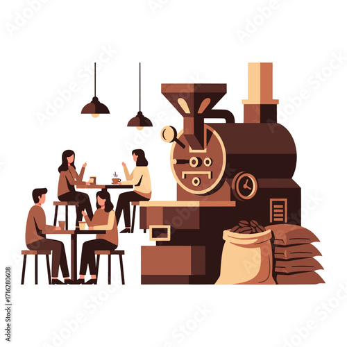 A vibrant coffee roastery scene where friends gather to socialize and enjoy freshly brewed drinks next to an industrial roasting machine